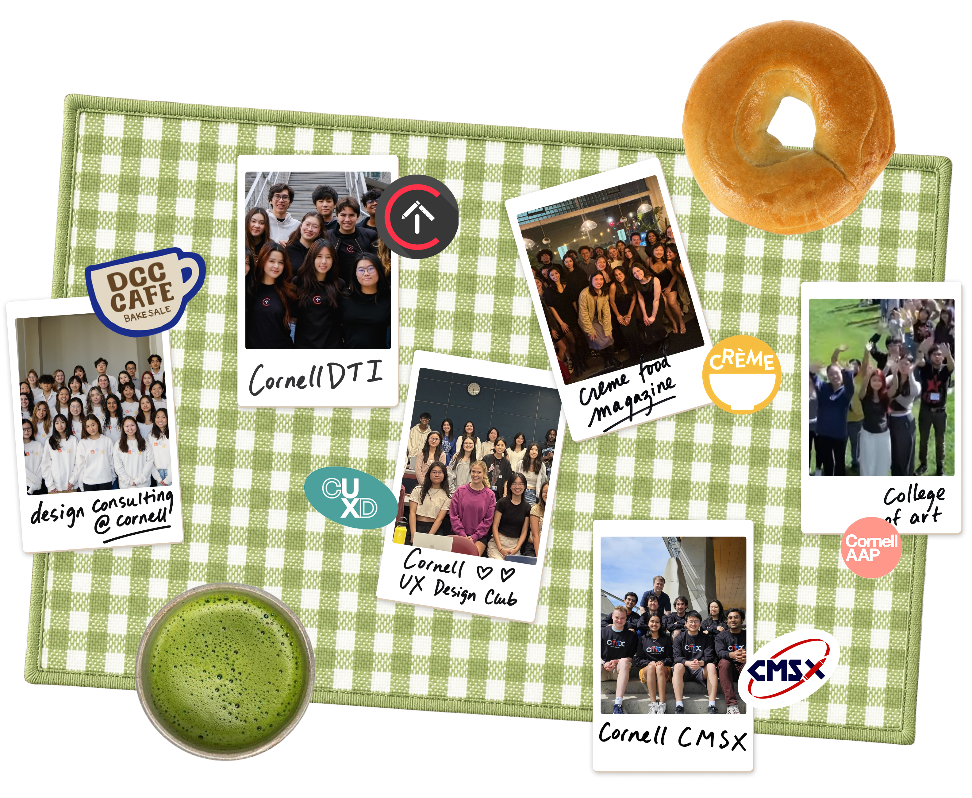 A collage of May’s Cornell art and design communities, including Design Consulting, DTI, UX Design Club, College of Art, and Cornell Course Management System X