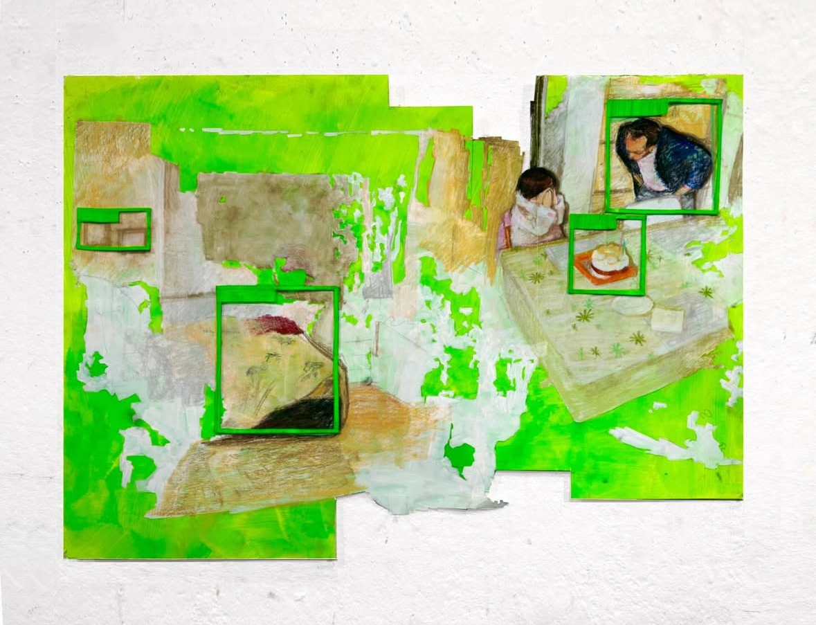 A neon-green mixed-media composition of domestic scenes framed like computer detections