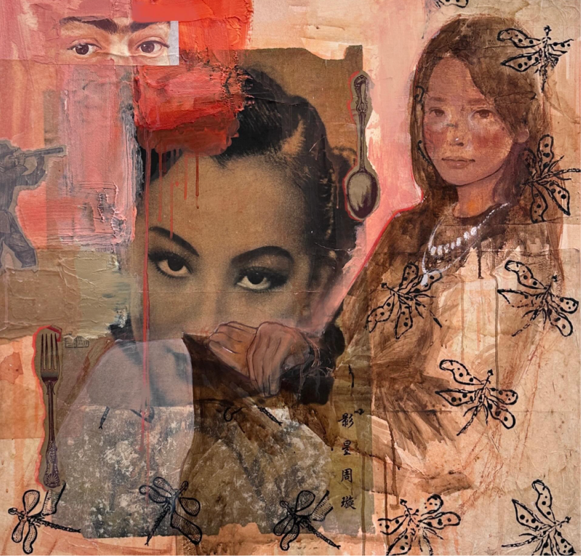 A mixed-media collage of layered female portraits, moths, and painted textures