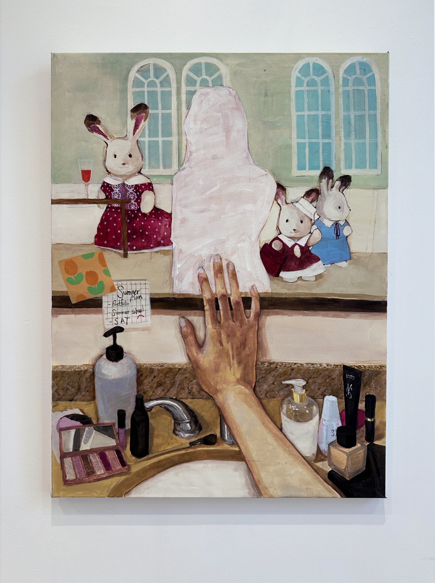 A painting of a vanity mirror with rabbit figures and a hand reaching toward the reflection