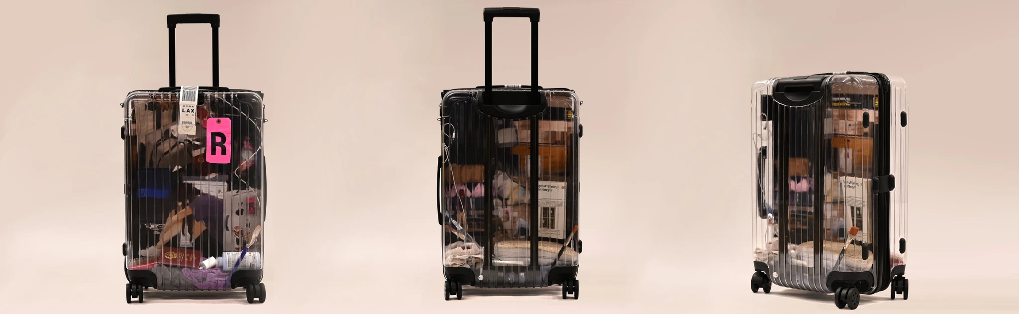 Three views of a transparent suitcase installation filled with personal belongings