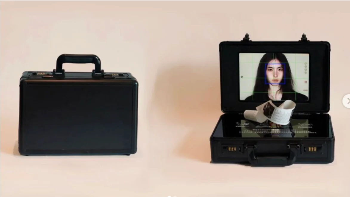 Two black cases, one opened to reveal a portrait-scanning screen and printed output