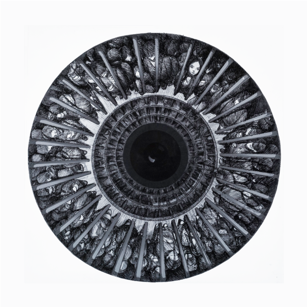 A circular black-and-white drawing resembling an eye filled with watched figures