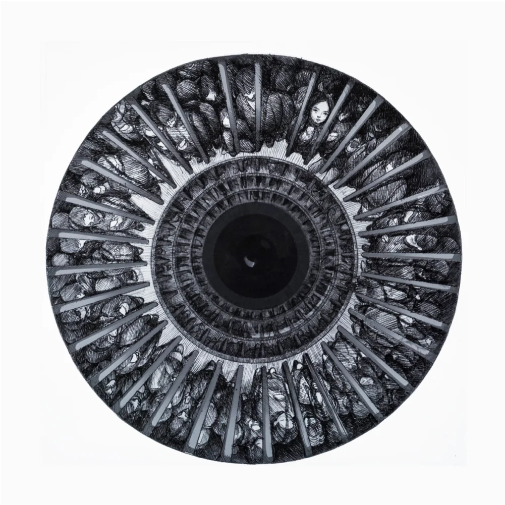 A circular black-and-white drawing resembling an eye filled with watched figures