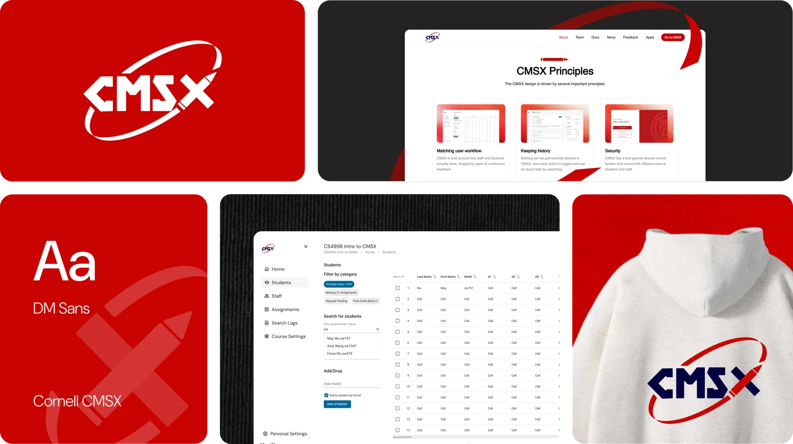 Cornell CMSX brand board featuring the orbital logo, website, DM Sans typography, course dashboard, and branded hoodie