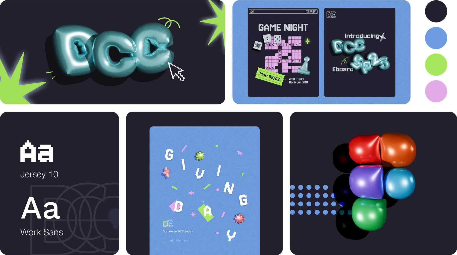 DCC brand board with metallic teal lettering, recruitment posters, blue and lime palette, typography, Giving Day graphics, and a colorful Figma illustration
