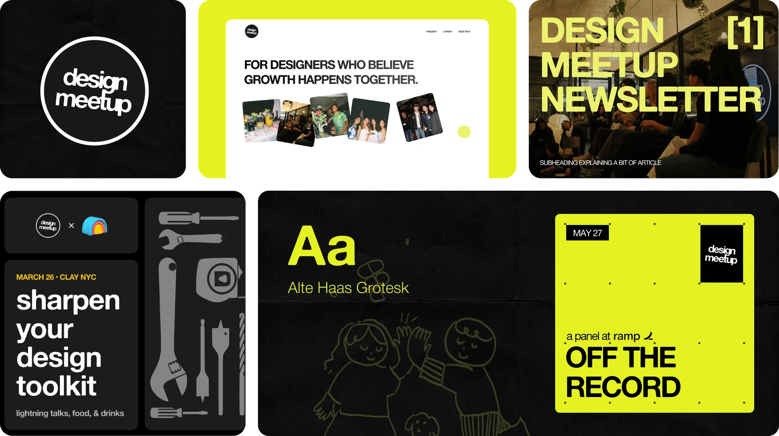 Design meetup brand board featuring a circular wordmark, community website, newsletter, event posters, and yellow-green typography on dark backgrounds