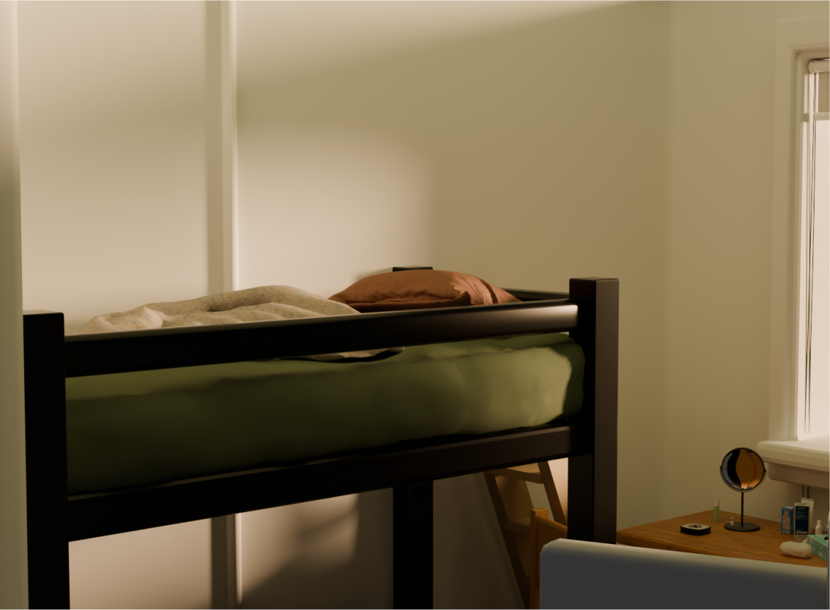A warm 3D-rendered bedroom with a loft bed