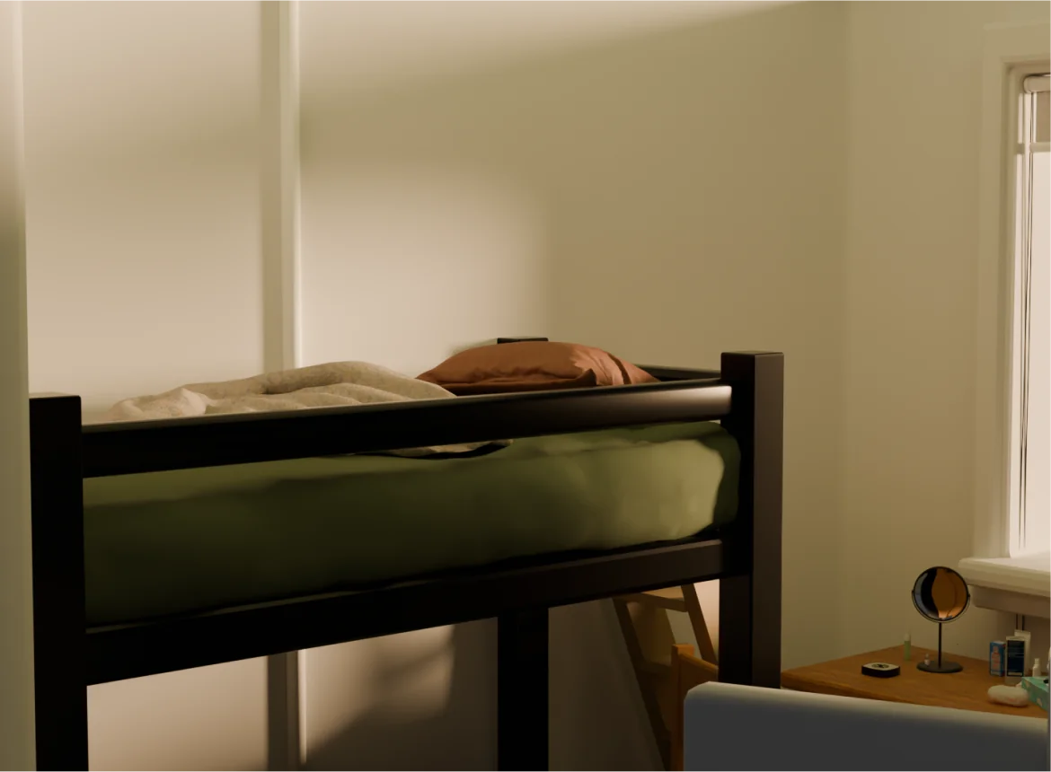 A warm 3D-rendered bedroom with a loft bed