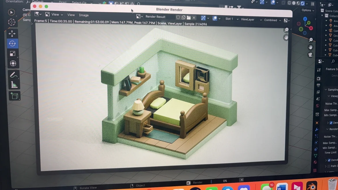 A green miniature bedroom with a wooden bed, bedside table, and shelf in Blender