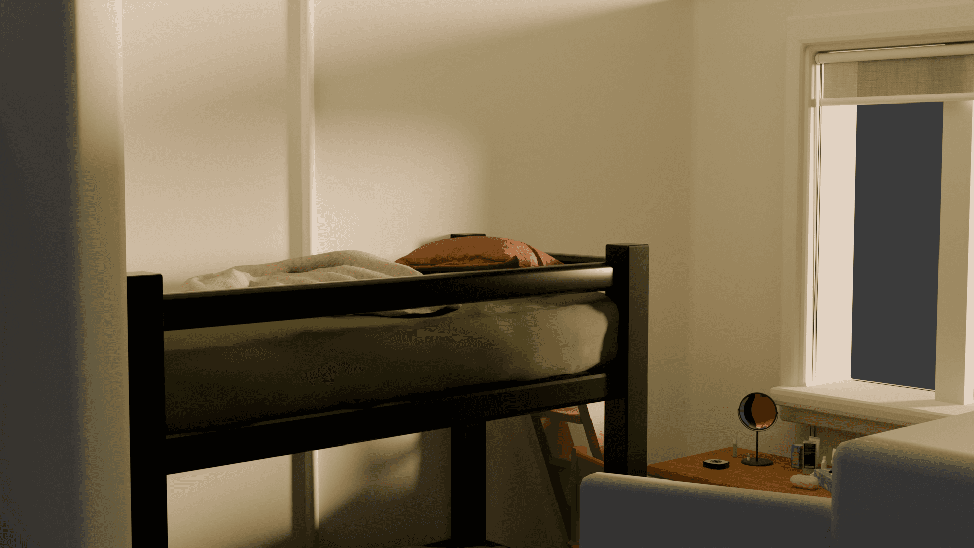 A warmly lit 3D-rendered dorm room modeled in Blender