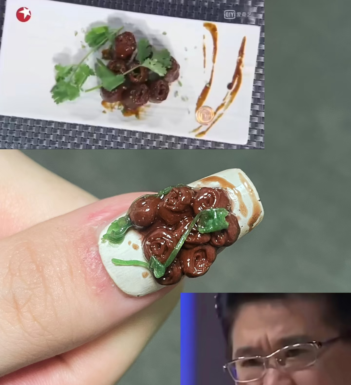 Two green-and-brown sculptural nail-art designs inspired by food