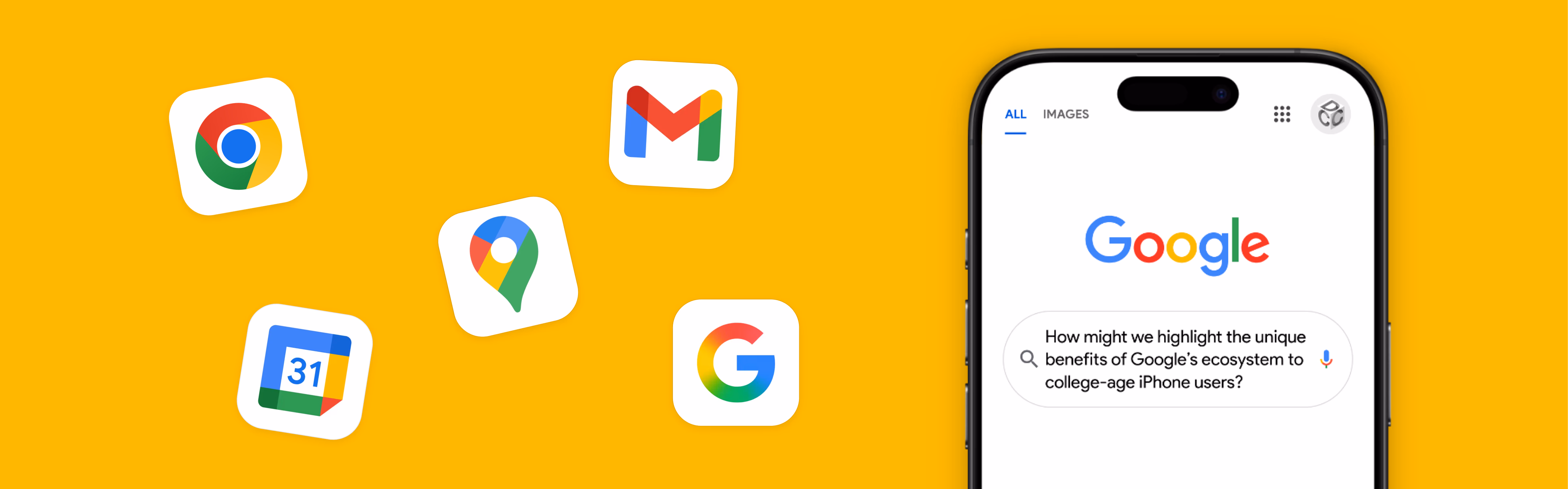 Google product icons orbiting an iPhone that asks about the benefits of Google’s ecosystem for college-age users