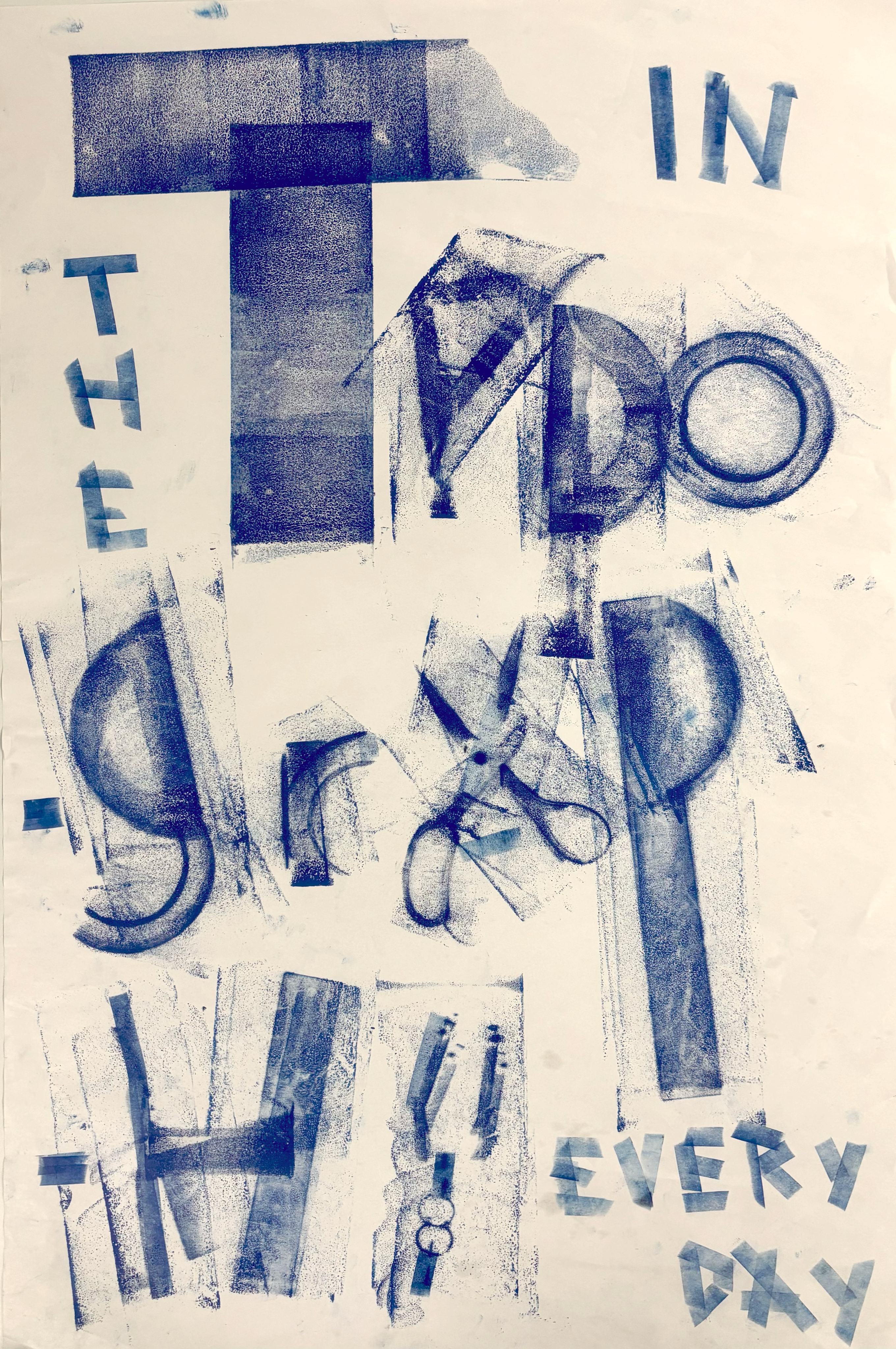An experimental blue ink print combining oversized letterforms and abstract marks