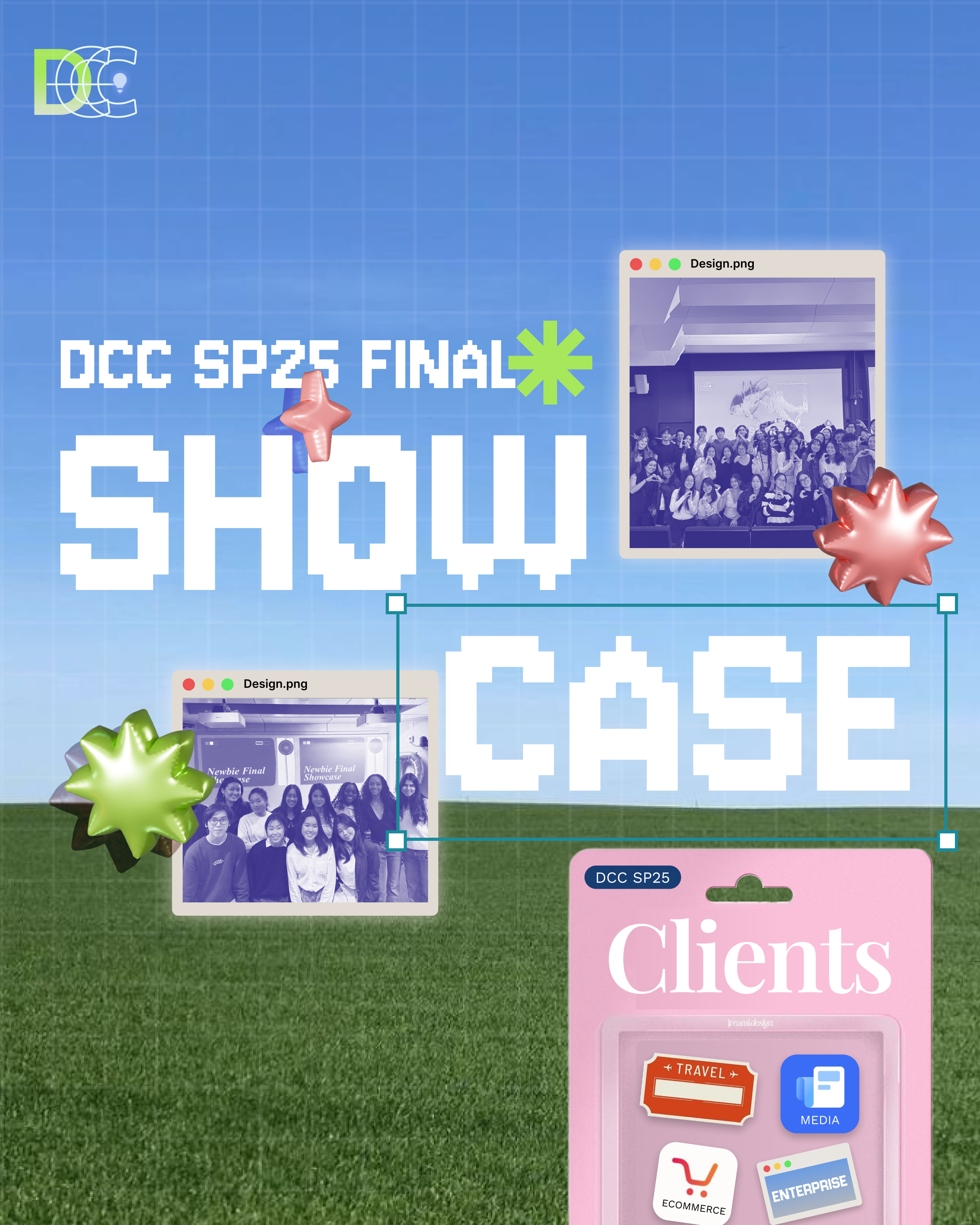 A blue event graphic reading DCC SP25 Final Showcase with group photographs and colorful 3D shapes