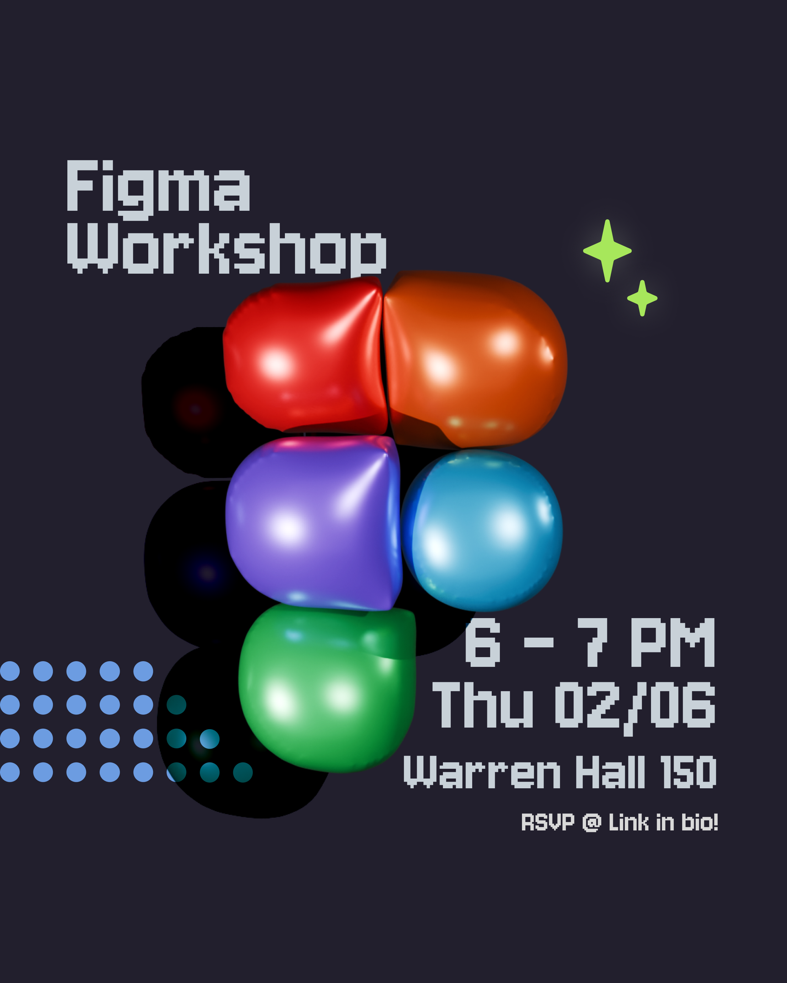 A dark Figma Workshop poster with a glossy multicolor 3D Figma mark and event details