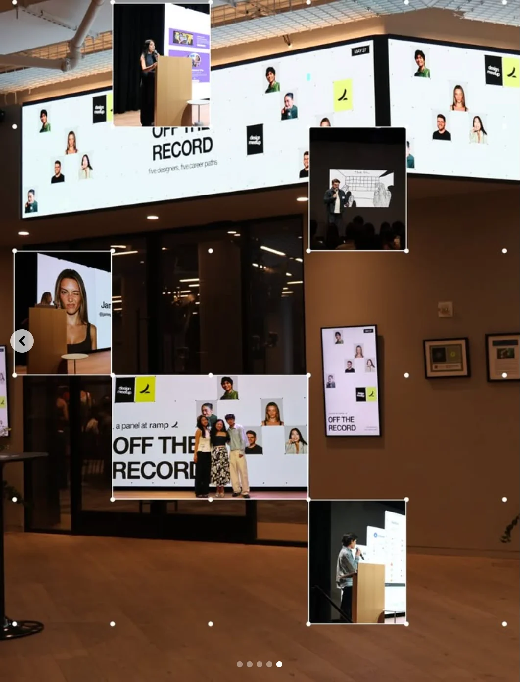 Off the Record event graphics displayed across screens at Ramp, with a collage of panel speakers and attendees
