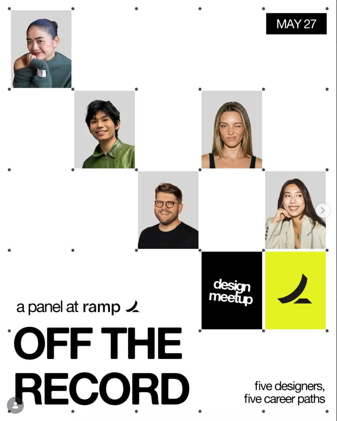 Off the Record design event poster at Ramp featuring five designer portraits on a dotted grid, black typography, and a bright yellow Ramp logo tile