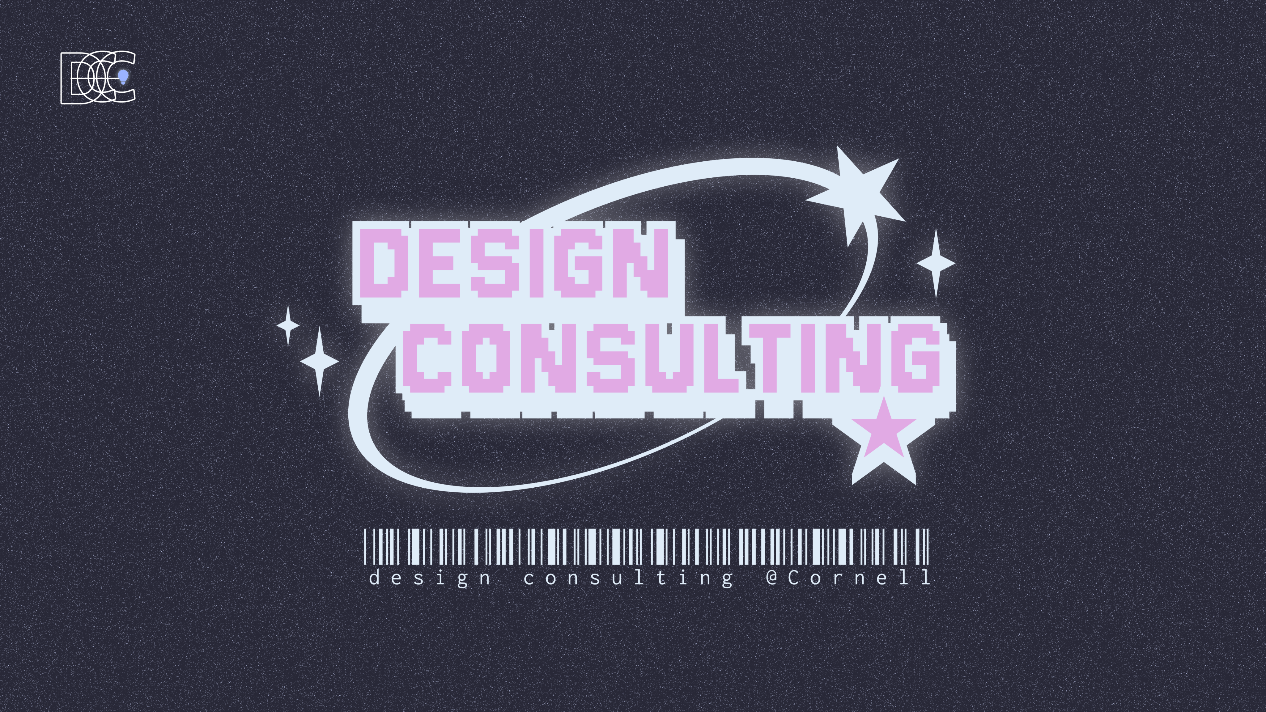 A dark presentation graphic reading Design Consulting with orbiting stars