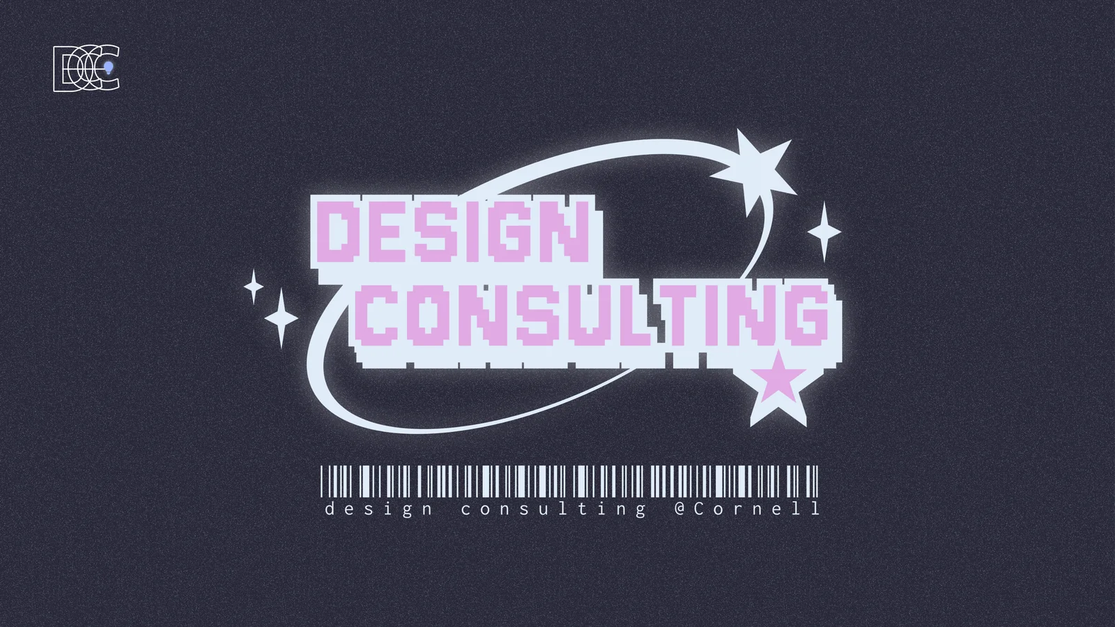 A dark presentation graphic reading Design Consulting with orbiting stars