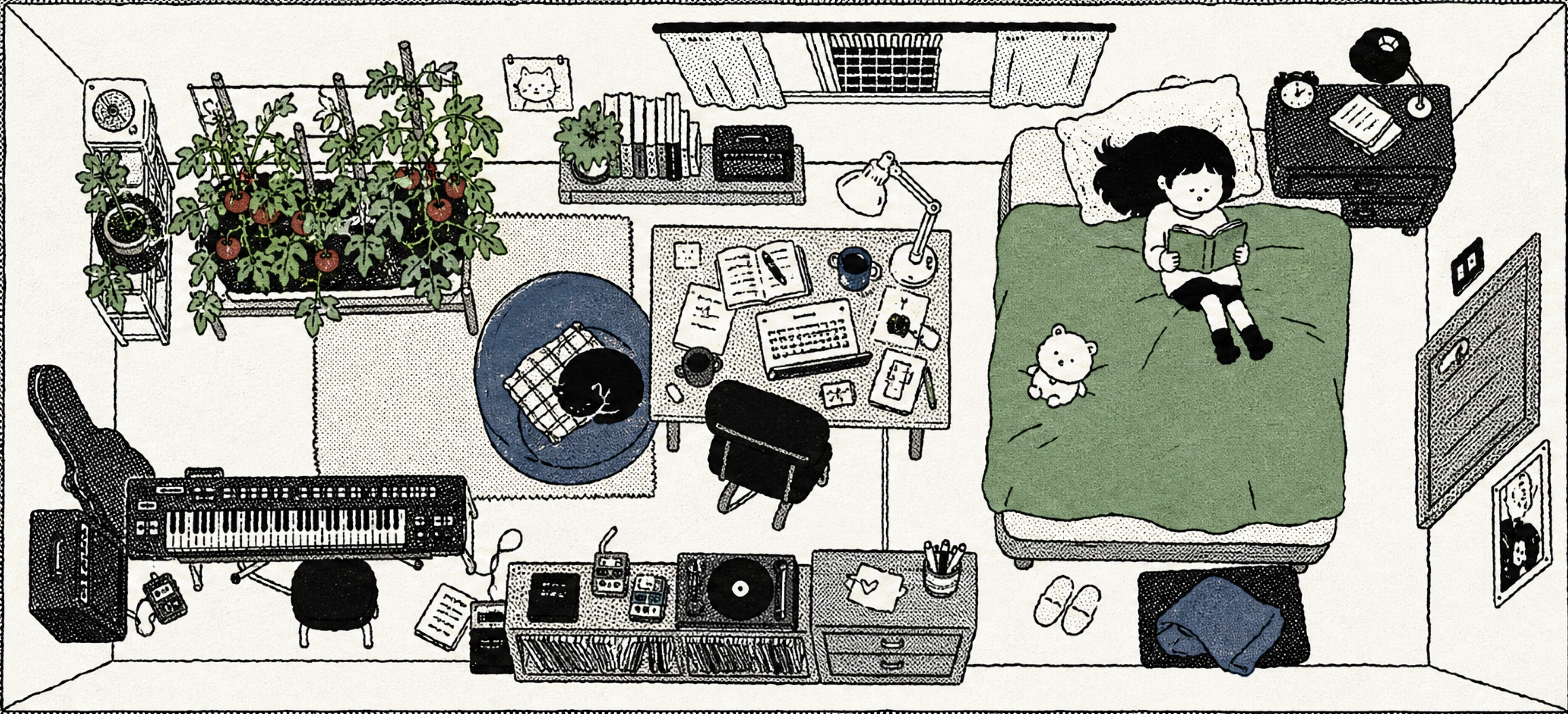 An overhead hand-drawn bedroom studio with a garden, desk, keyboard, records, and a person reading on the bed