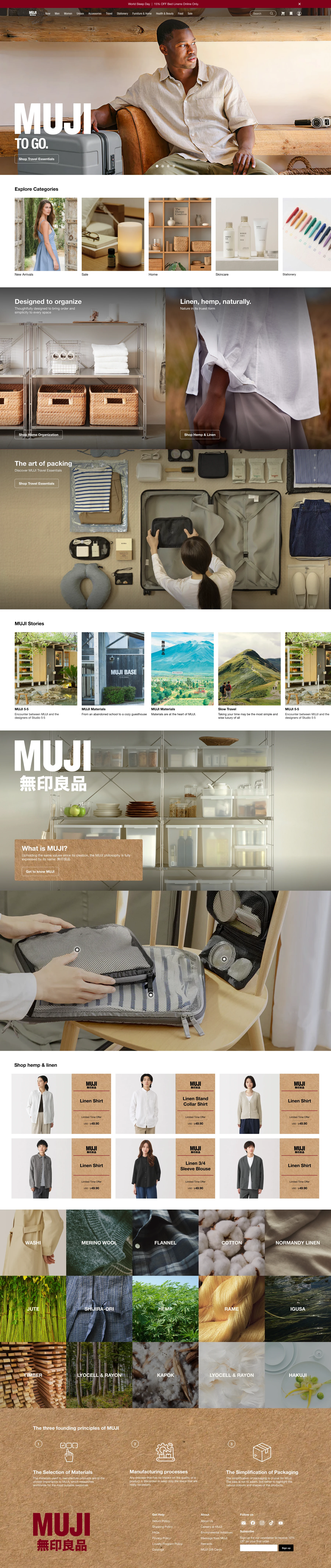MUJI homepage design featuring travel essentials, product categories, home organization, stories, linen clothing, and materials