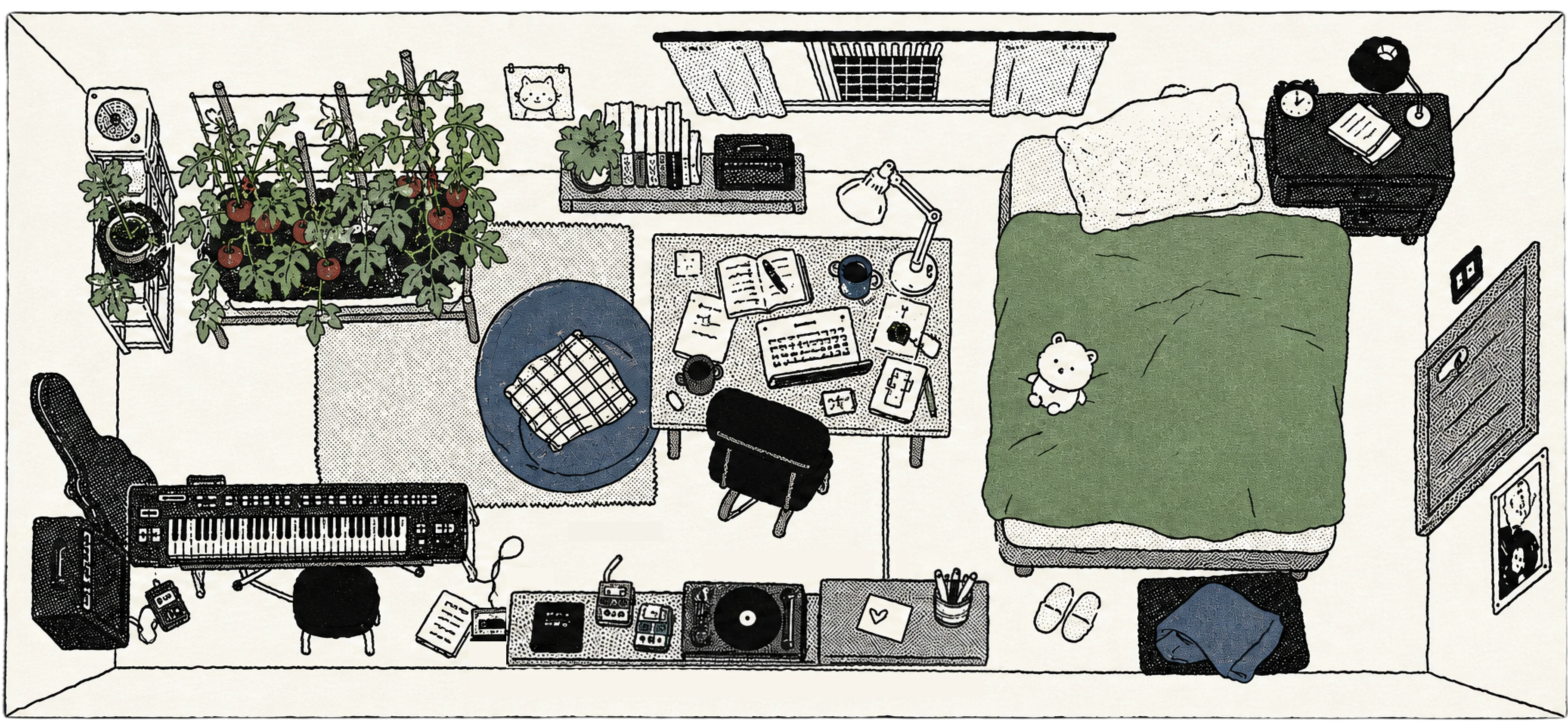 An illustrated bedroom with a green bed, a study desk, a blue chair with a plaid cushion, plants, a keyboard, and a guitar.