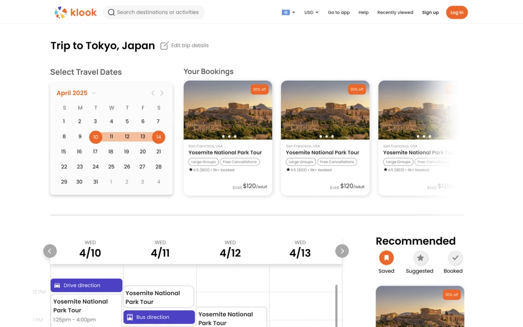 Embedded calendar in the trip management page