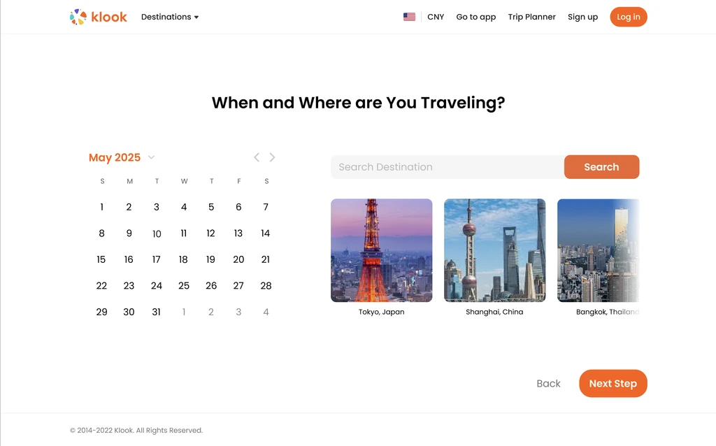 Separate trip onboarding page