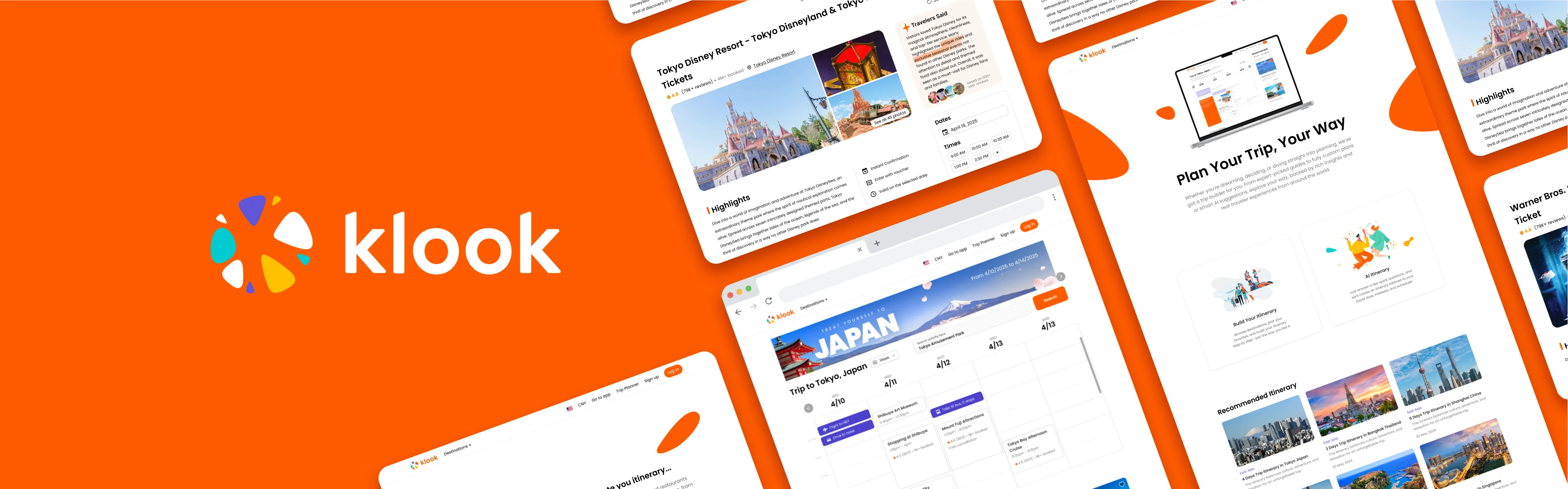 Klook logo beside travel booking and itinerary interface screens on an orange background