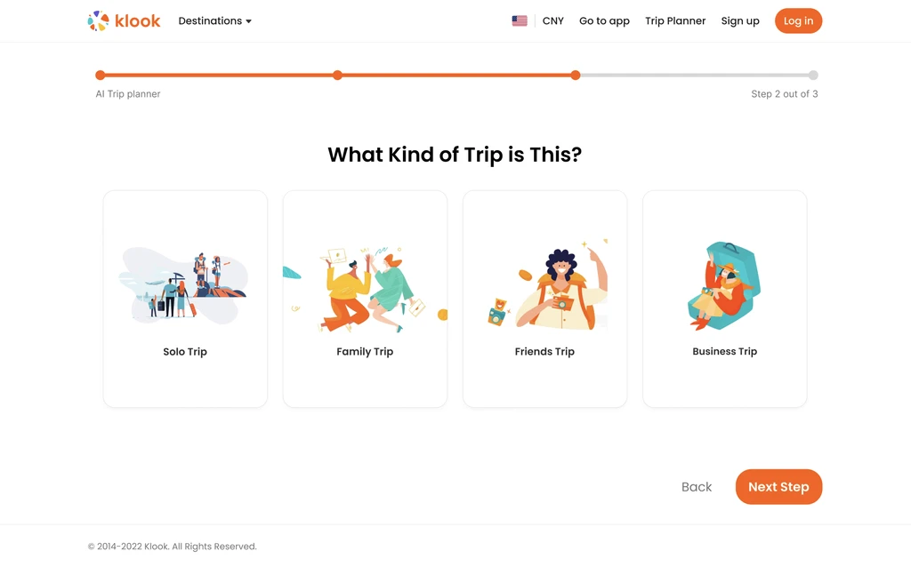 Card-based trip type selector