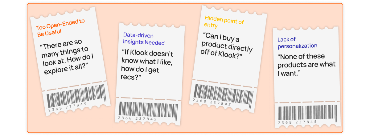 Four illustrated ticket stubs summarize interview pain points