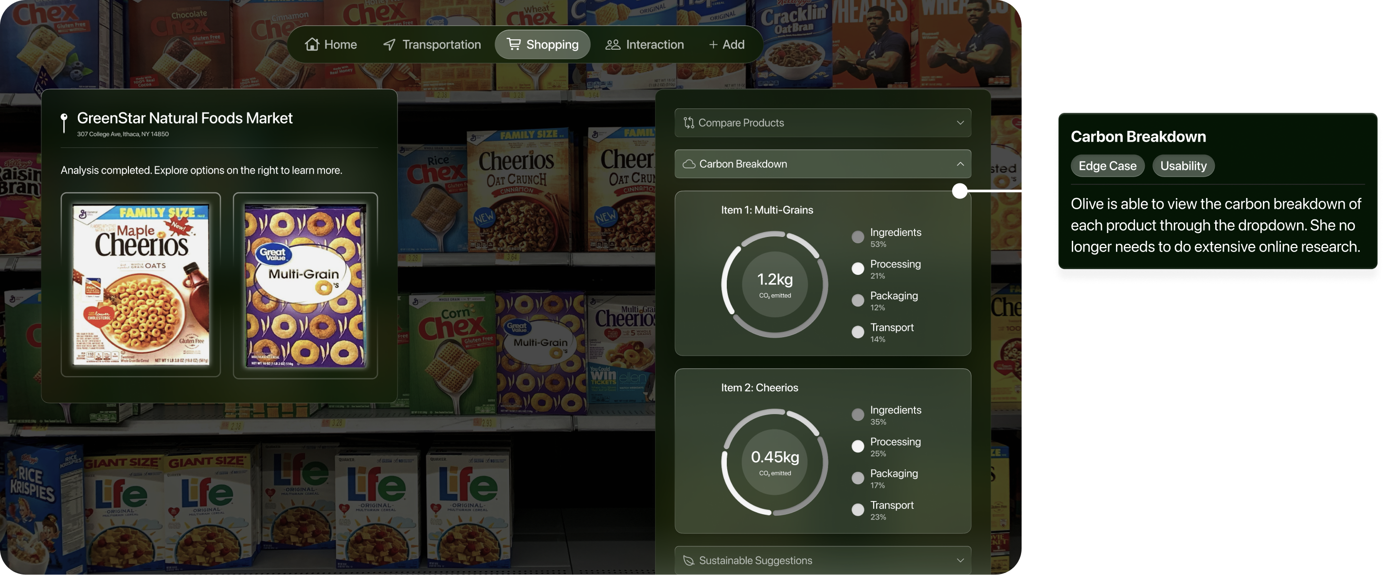 LeafLens online item comparison. Carbon Breakdown. Edge case and usability: View each product’s carbon breakdown in a dropdown without separate online research.