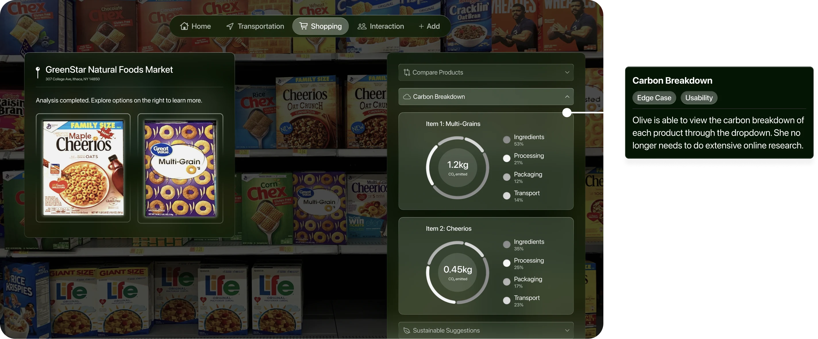 LeafLens online item comparison. Carbon Breakdown. Edge case and usability: View each product’s carbon breakdown in a dropdown without separate online research.