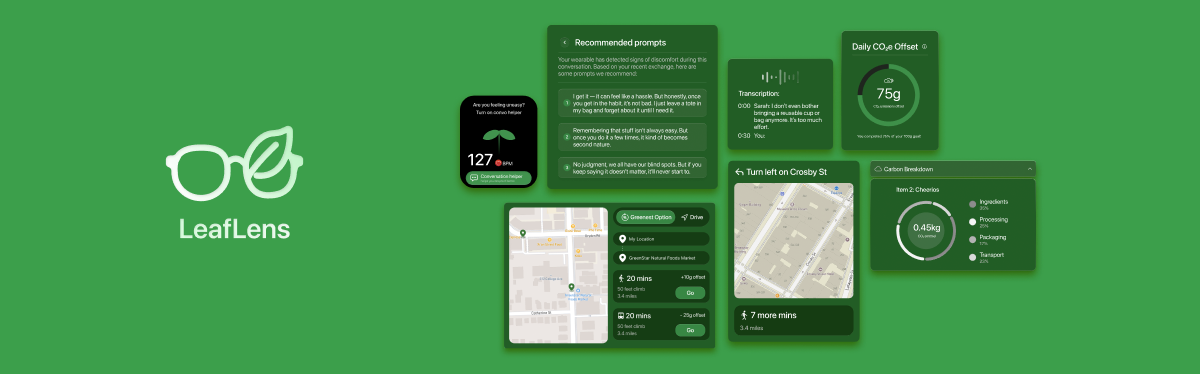 LeafLens wordmark beside a collage of spatial sustainability interfaces on a green background