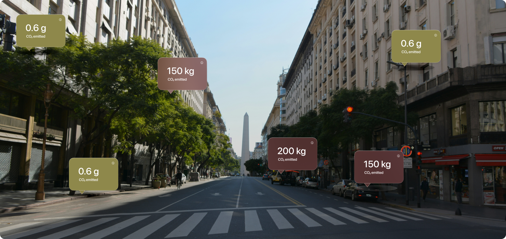 A city street seen through LeafLens with floating carbon footprint labels