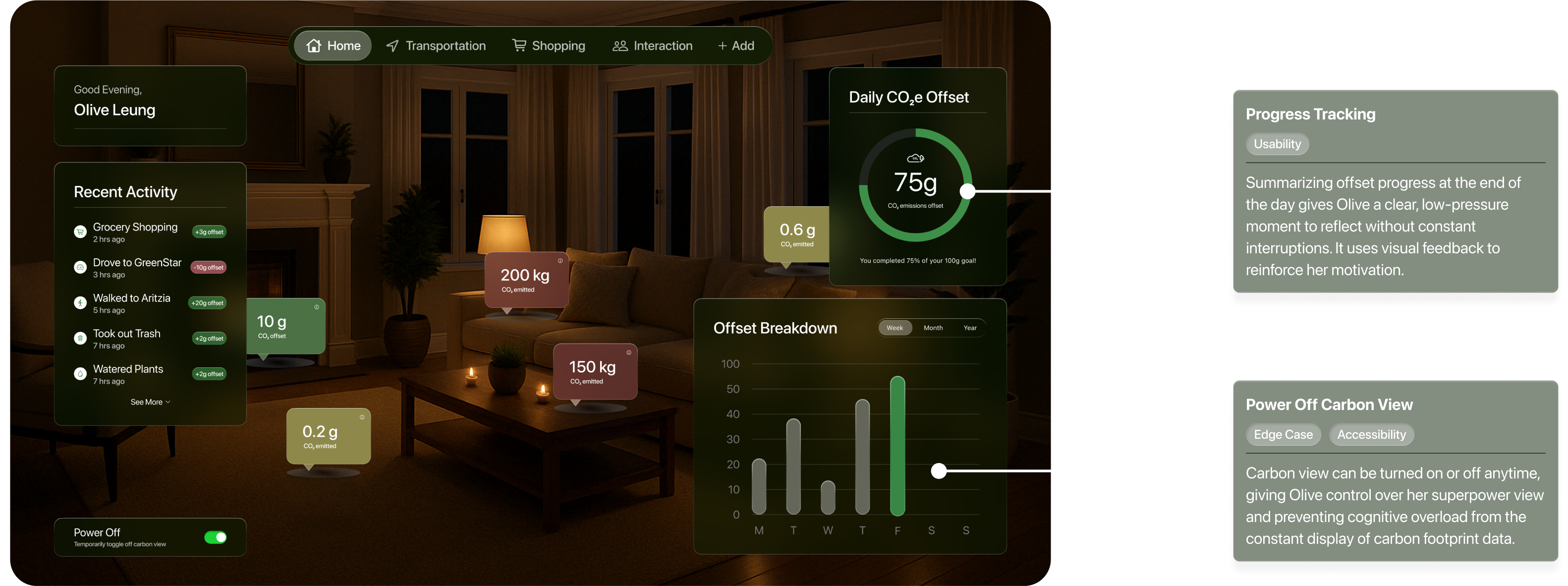 LeafLens carbon offset dashboard design. Progress Tracking. Usability: Summarizing daily offset progress creates a low-pressure moment for reflection without constant interruptions. Visual feedback reinforces motivation. Power Off Carbon View. Edge case and accessibility: Toggle carbon view at any time to control the information displayed and prevent cognitive overload.