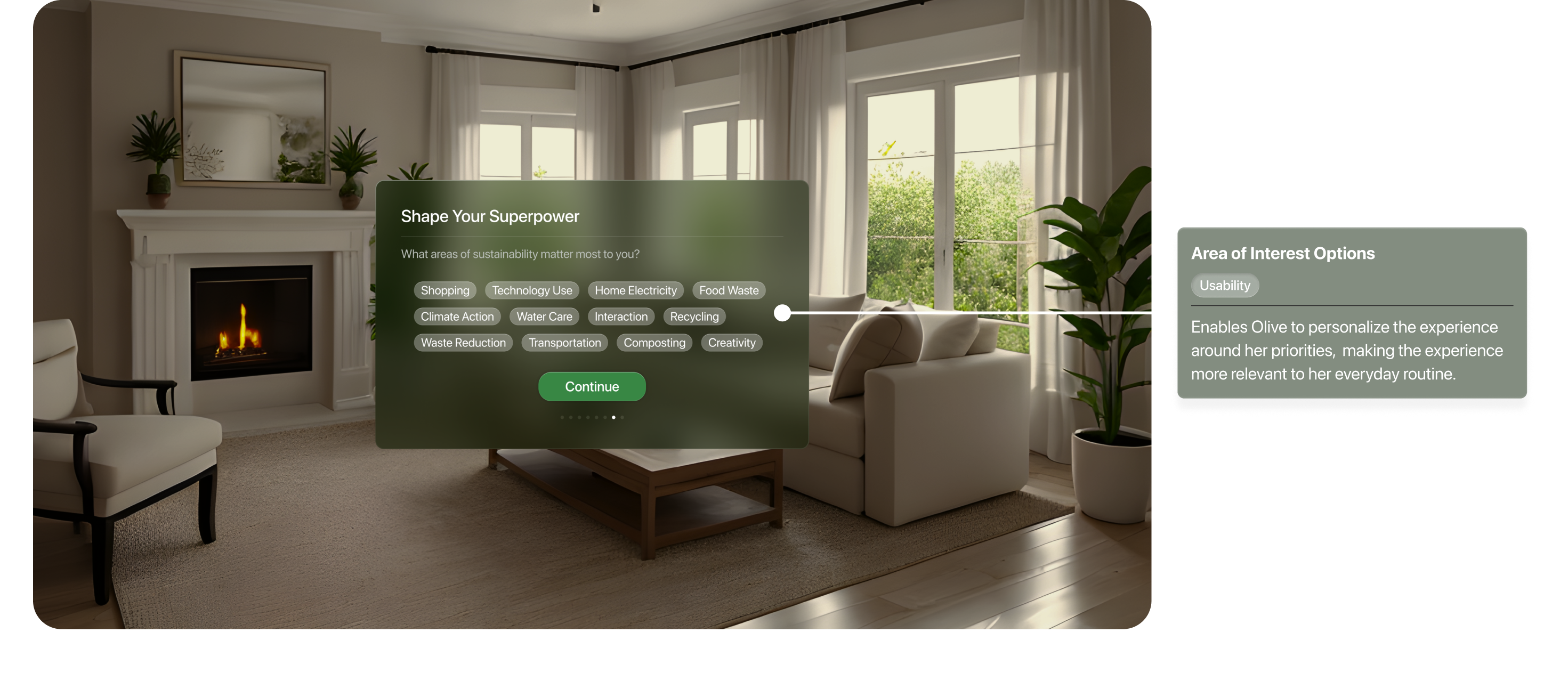 LeafLens onboarding sustainability goals. Area of Interest Options. Usability: Olive can personalize the experience around her priorities, making it more relevant to her everyday routine.