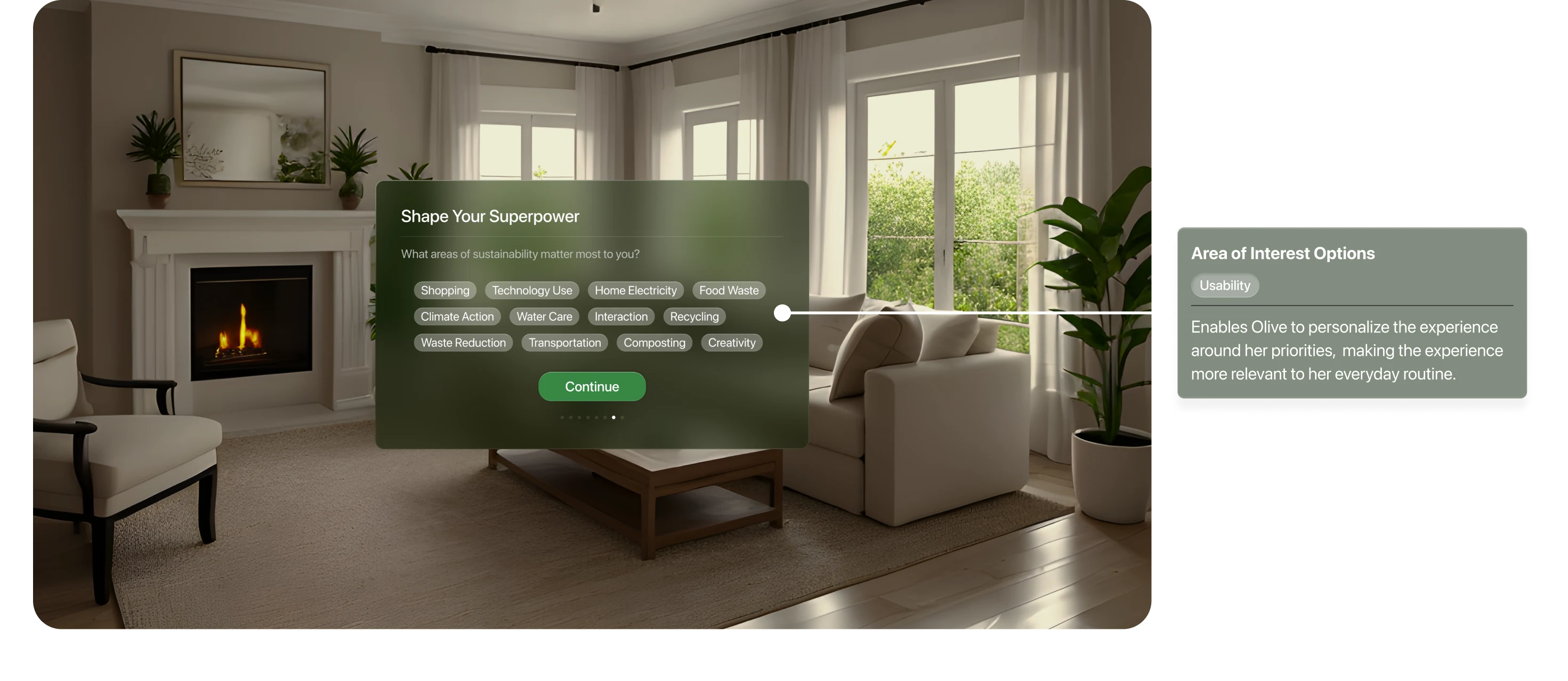 LeafLens onboarding sustainability goals. Area of Interest Options. Usability: Olive can personalize the experience around her priorities, making it more relevant to her everyday routine.