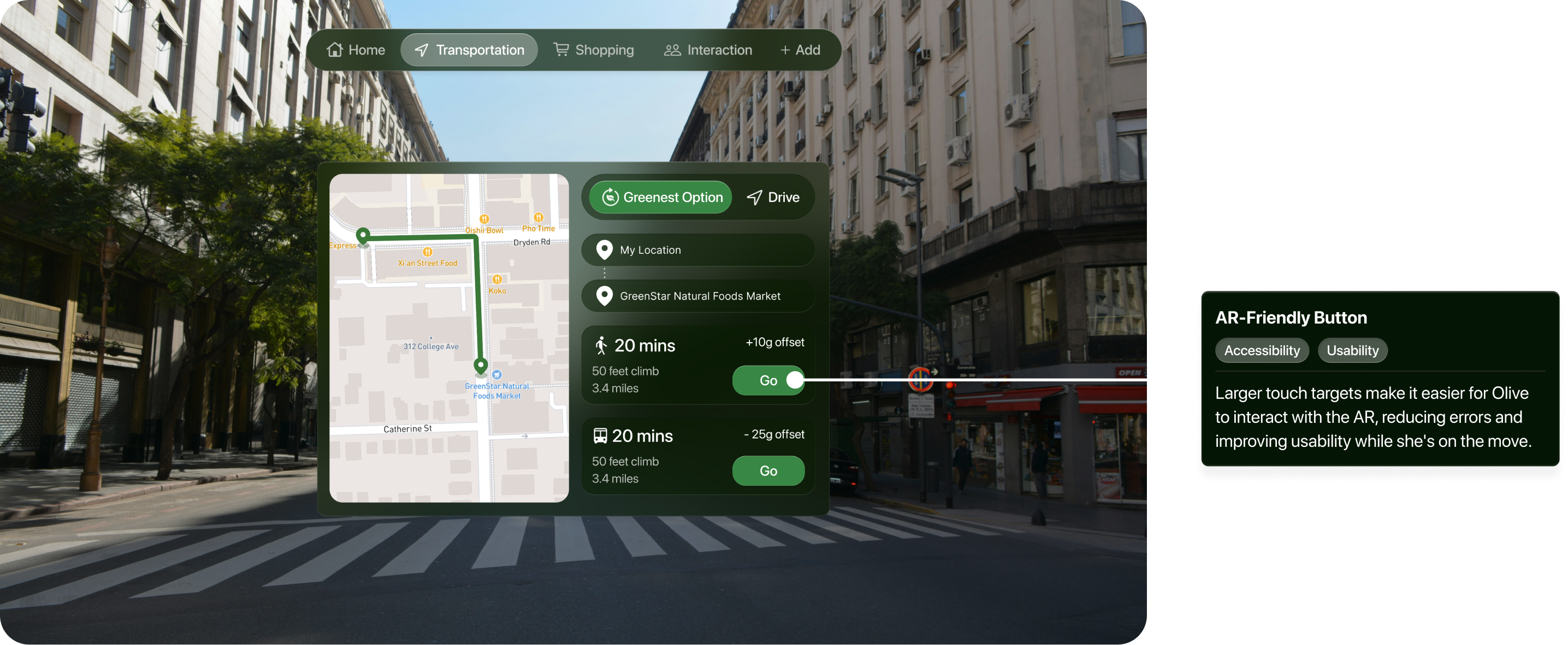 LeafLens AR walking navigation. AR-Friendly Button. Accessibility and usability: Larger touch targets reduce errors and make AR easier to interact with while on the move.