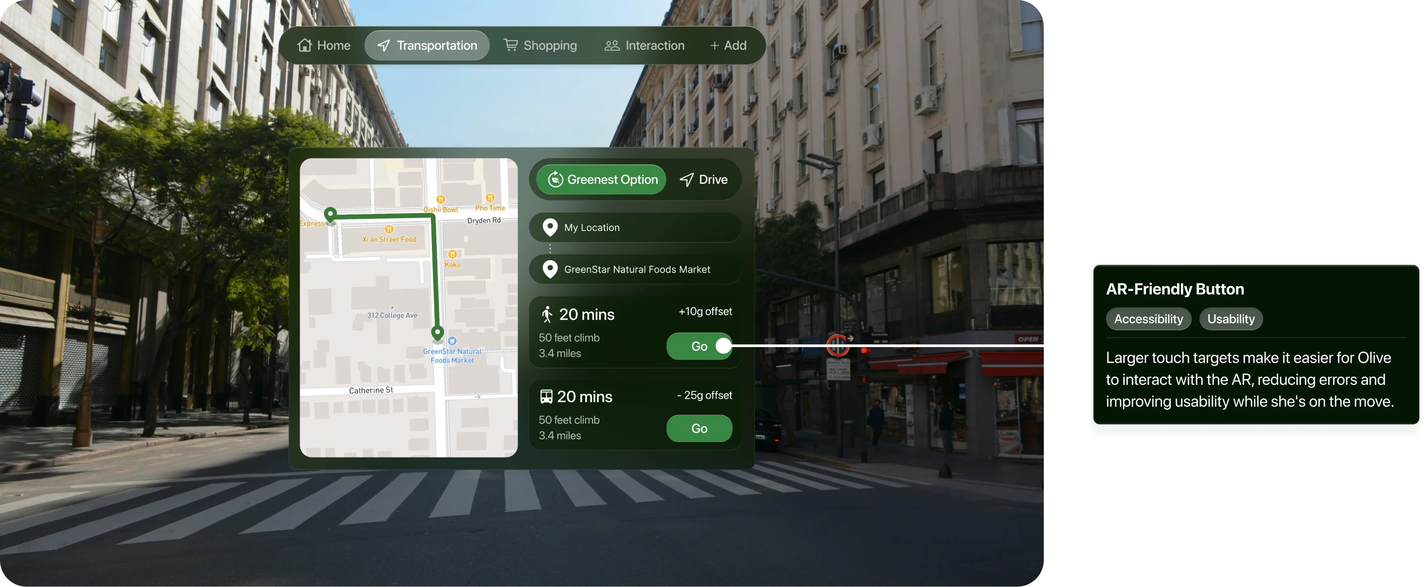 LeafLens AR walking navigation. AR-Friendly Button. Accessibility and usability: Larger touch targets reduce errors and make AR easier to interact with while on the move.