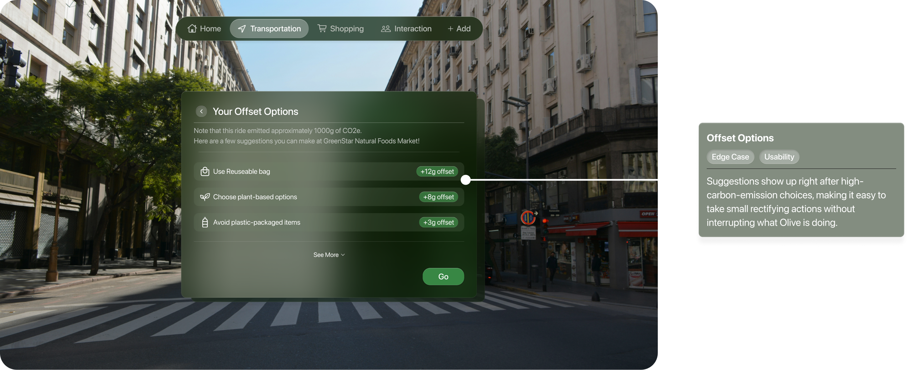 LeafLens driving offset suggestion. Offset Options. Edge case and usability: Small offset suggestions appear after high-carbon choices without interrupting Olive.