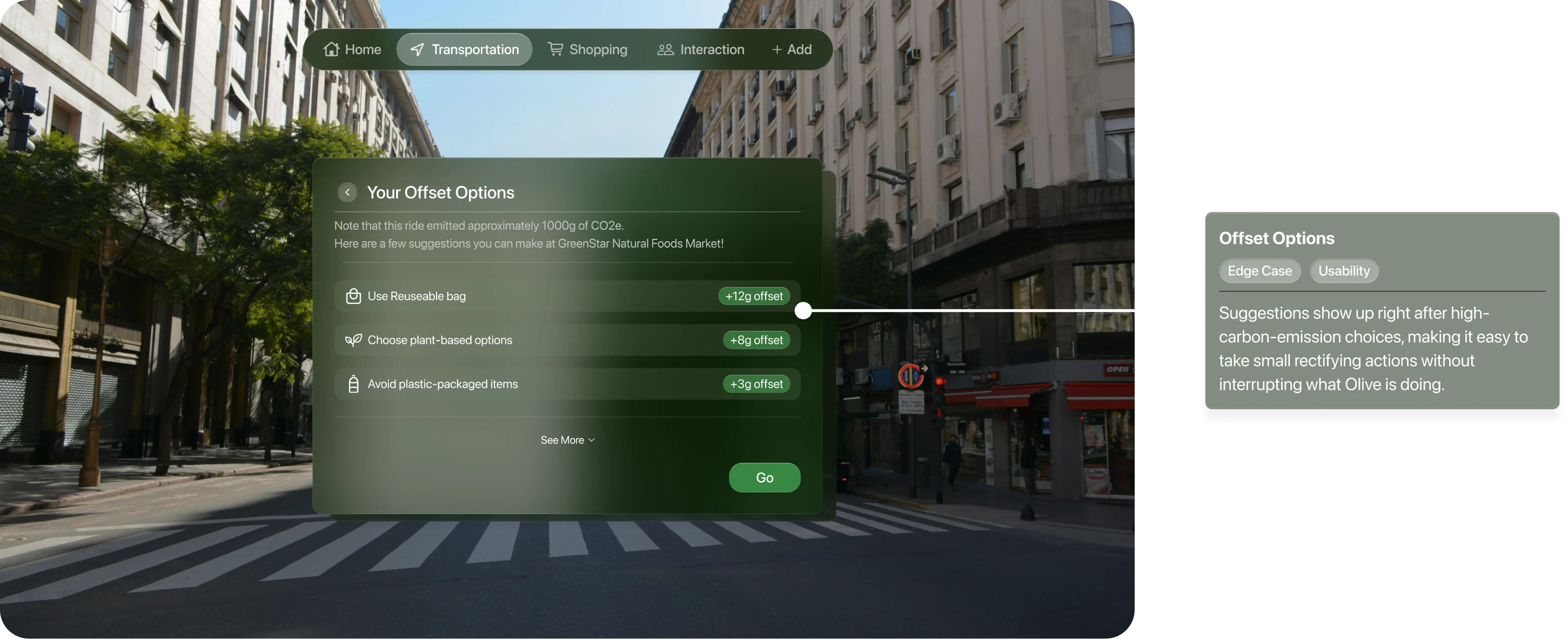 LeafLens driving offset suggestion. Offset Options. Edge case and usability: Small offset suggestions appear after high-carbon choices without interrupting Olive.