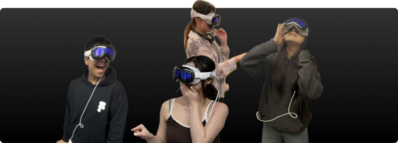 Four designers trying Apple Vision Pro headsets during the product testing session
