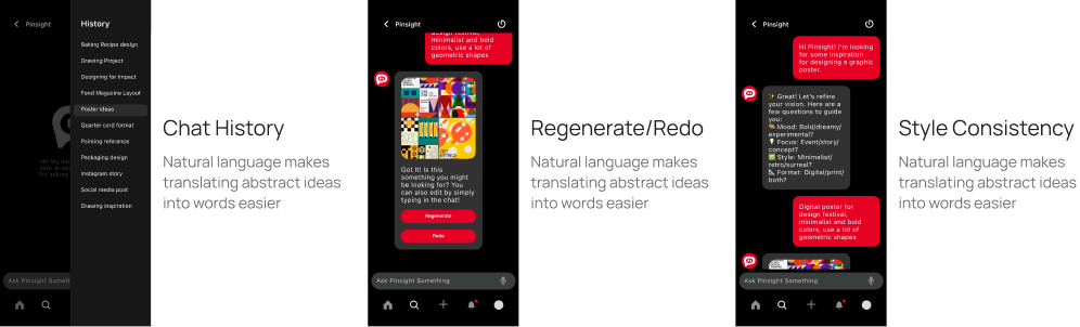 Three Pinsight design decisions showing chat history, regenerate and redo actions, and style consistency