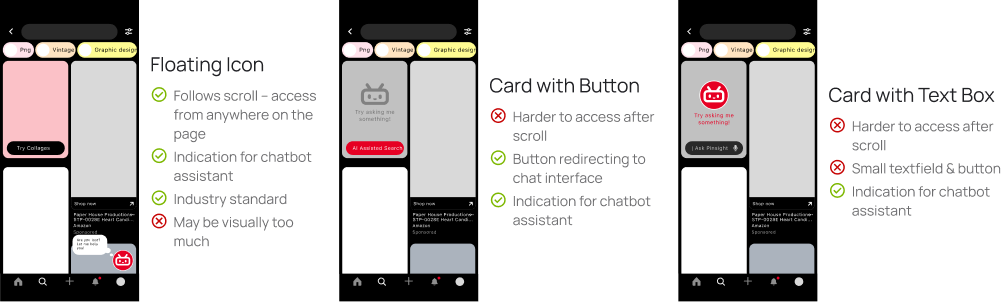 Three Pinsight entry-point explorations: floating icon, card with button, and card with text box