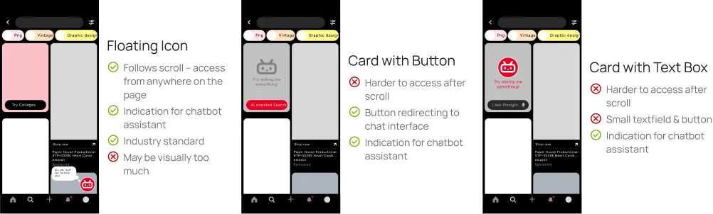 Three Pinsight entry-point explorations: floating icon, card with button, and card with text box