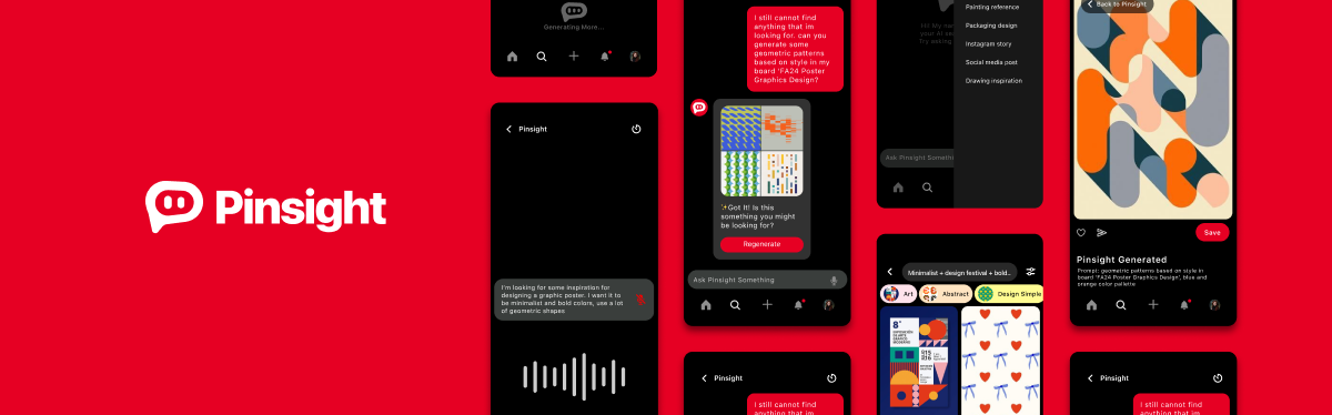 Pinsight logo beside a sequence of Pinterest search-assistant mobile screens on a red background