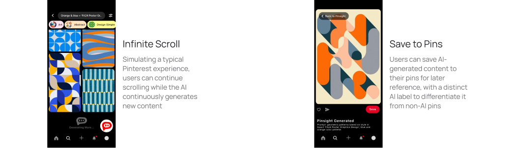 Infinite scrolling AI generations and a save-to-pins detail view