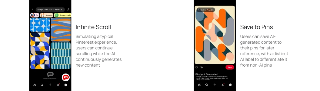 Infinite scrolling AI generations and a save-to-pins detail view